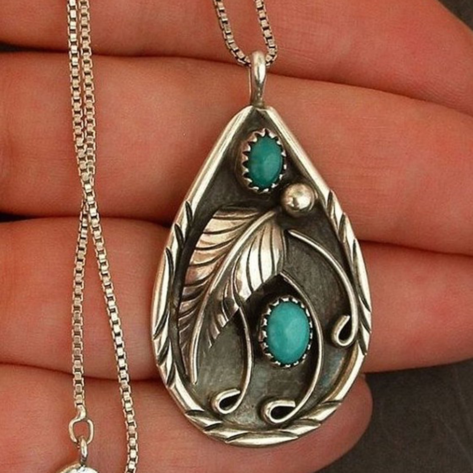 Jiaroswwei Vintage Unisex Sweater Necklace Alloy Necklace Turquoises Stone Leaf Water Drop Pendant Necklace for Gifts
